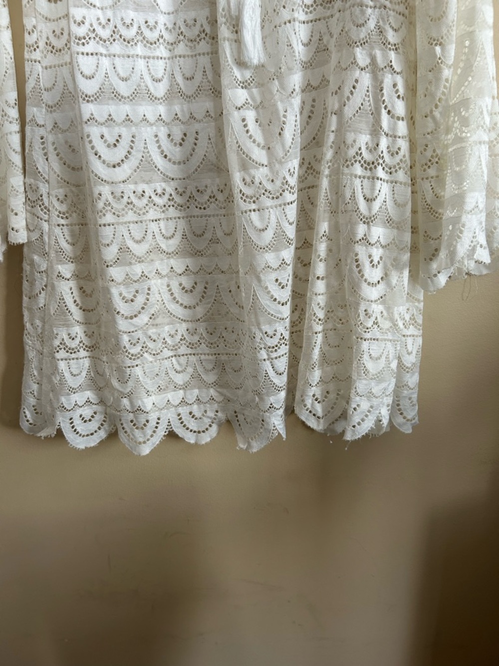 Cream Lace stretch Tunic Swim Cover-Up with Tassel Tie and scalloped edges - Picture 6 of 7